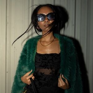 Express Black Floral Maxi Dress with Emerald Green Fur